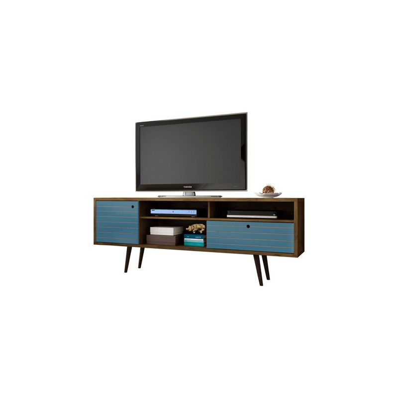 Liberty 3 Shelf and 1 Drawer TV Stand for TVs up to 65" Rustic Brown/Aqua Blue - Manhattan Comfort: Entertainment Center with Cable Management