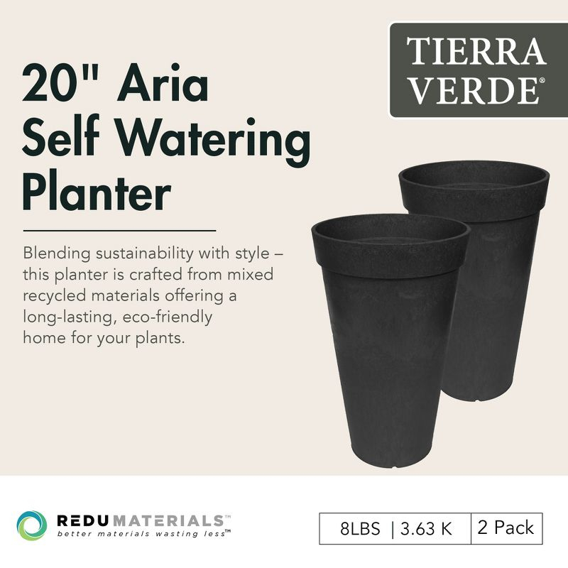 Tierra Verde 2 Pack Aria Indoor/Outdoor Self Watering Tall Round Planter, Weatherproof for Patio, Garden, and Porch Use, 12.5"W x 20"H, Black