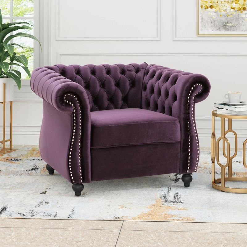 Westminster Chesterfield Club Chair Blackberry - Christopher Knight Home: Velvet Upholstery, Nailhead Trim