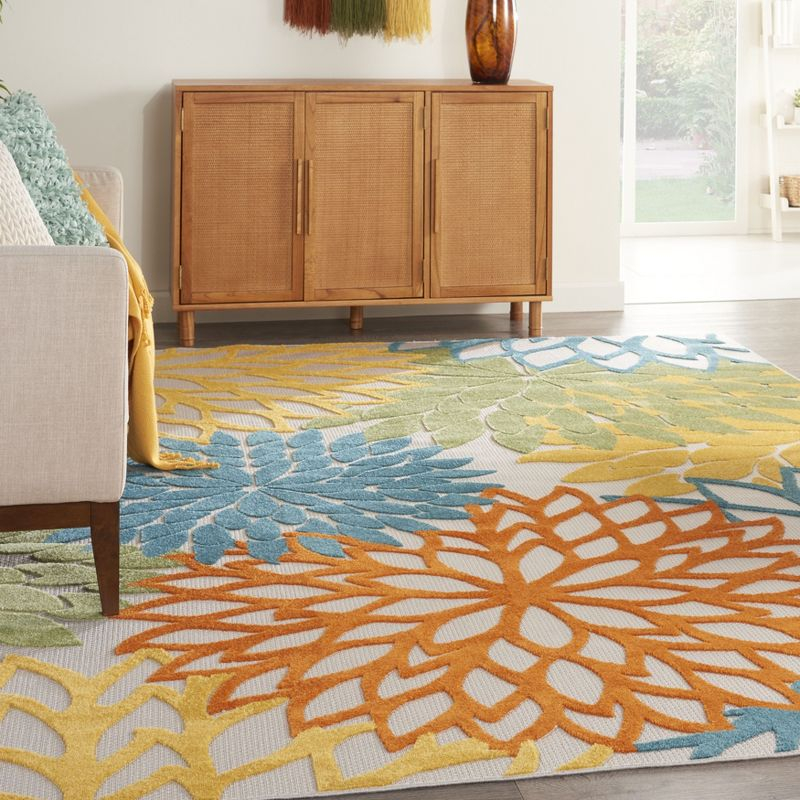 Nourison Aloha Floral Bloom Flatweave High-Low Indoor Outdoor Area Rug Turquoise Multicolor 9' x 12'