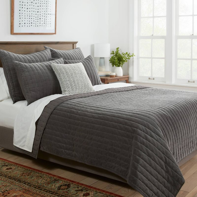 King Channel Stitch Velvet Quilt Charcoal - Threshold™: Cotton Backing, Year Round Comfort, Machine Washable