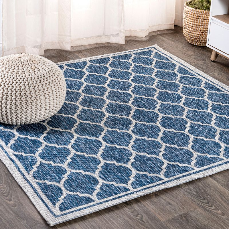5' Square Trebol Moroccan Trellis Textured Weave Indoor/Outdoor Area Rug, Navy/Gray - JONATHAN Y