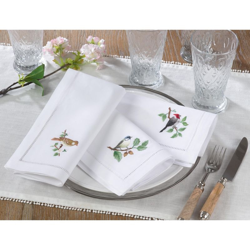 Saro Lifestyle Embr'd Woodpecker Hemstitch Napkin, 20" Square, White (Set of 6)