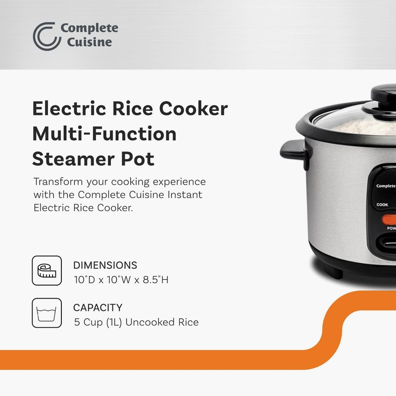 Complete Cuisine 10-Cup Instant Electric Rice Cooker with Stainless Steel Pot, Compact Design, Multi-Function Steamer and Slow Cooker, 10-Cup, Silver