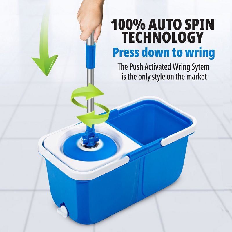 InstaMop Spinning Action Mop – Dual Bucket System with 100% Auto Spin Technology, 360° Swivel, Machine Washable Head