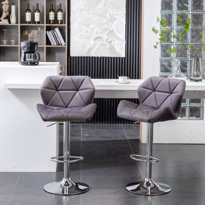 Roundhill Furniture Breni Velvet Diamond Tufted Swivel Adjustable Height Barstool, Gray, Set of 2