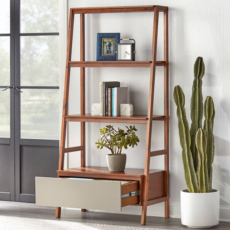 71" Nordic Ladder Shelf Walnut - Lifestorey: Mid-Century Modern Bookcase with Drawer, Open Back Design