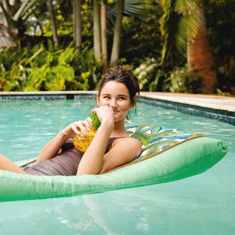 Big Joe Kona No Inflation Needed Pool Lounger with Headrest, Tropical Palm Green Double Sided Mesh, Quick Draining Fabric