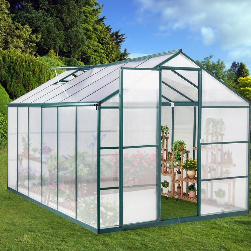 12x8 FT Greenhouse for Outdoors, Large Walk-in Greenhouse with Roof Vent, Heavy Duty Polycarbonate Greenhouse for Garden Patio Backyard