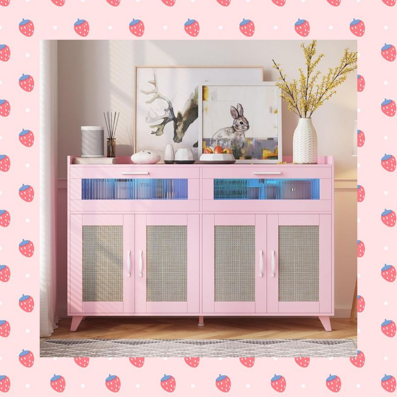 Garvee Sideboard Buffet Cabinet with Power Outlet & LED Light - Kitchen Storage Cabinet with 2 Fluted Acrylic Drawers & 4 Rattan Doors, Pink