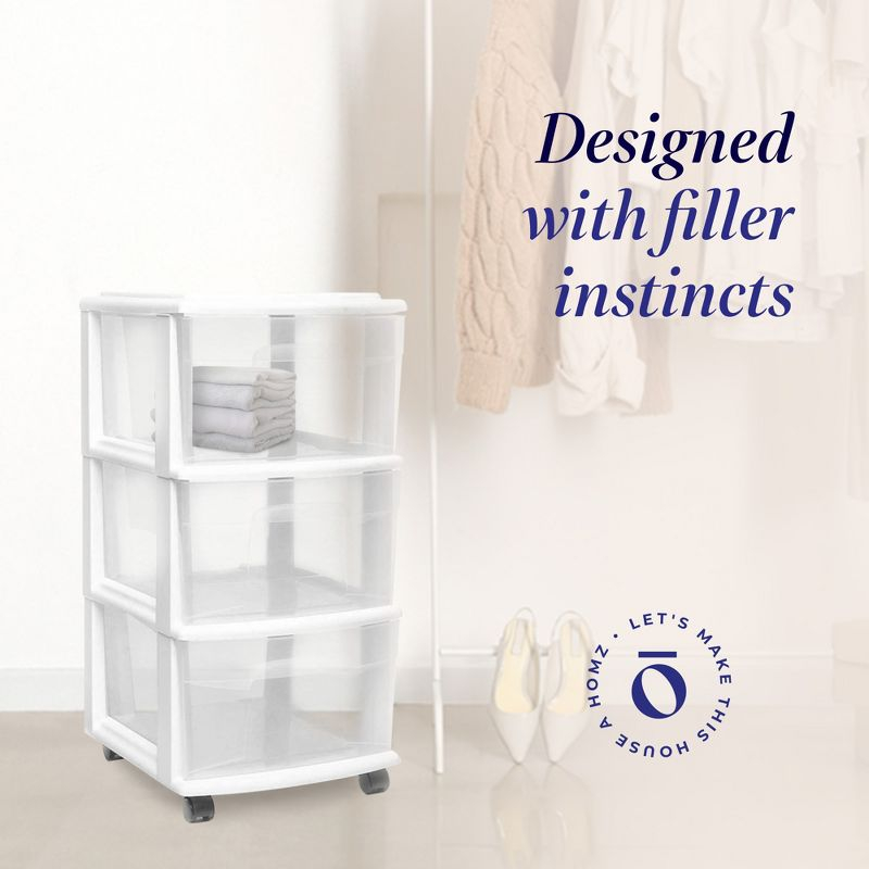 HOMZ Drawer Tower, 3-Tier Clear Plastic Storage Organizer Cart, White Frame - Heavy-Duty Organizing Drawers for Home, Bedroom, and Closet Organization