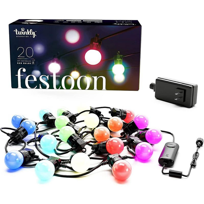 Twinkly Festoon App-Controlled LED Bulb Lights String with 20 RGB (16 Million Colors) LEDs 32.8 feet Black Cable Indoor and Outdoor Smart Lighting