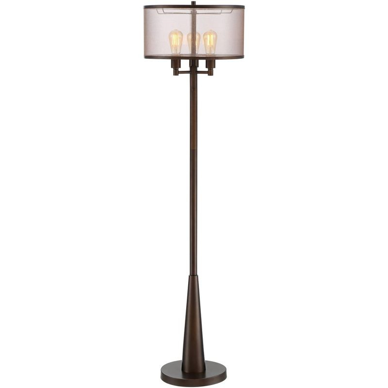Franklin Iron Works Durango Rustic Farmhouse Floor Lamp 62" Tall Oiled Bronze Metal 3 Light LED Brown Sheer Drum Shade for Living Room Bedroom Office