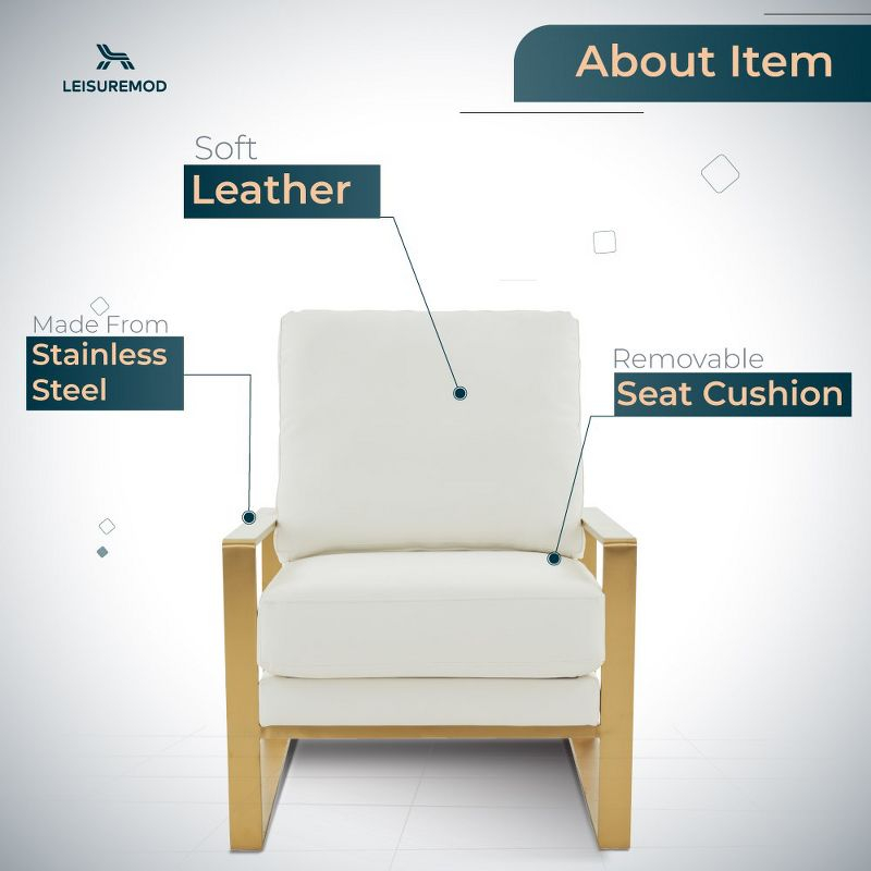 LeisureMod Jefferson Accent Arm Chair Upholstered in Faux Leather with Gold Stainless Steel Frame in White