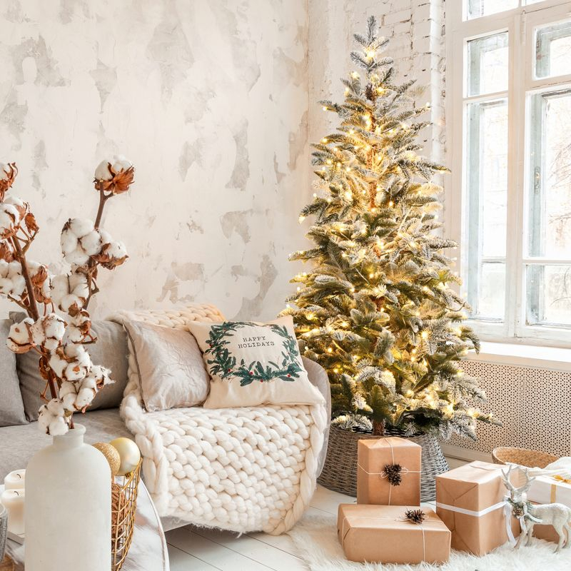 Tangkula 6ft Artificial Snow Flocked Pencil Christmas Tree Pre-Lit Faux-Pine Tree W/250 Warm White LED Lights