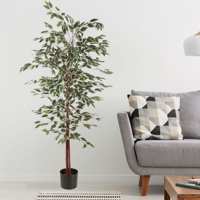 Nature Spring 5 ft Ficus Artificial Tree - Fake Plant with Variegated Leaves and Natural Trunk - Topiary Decor for Indoor or Outdoor