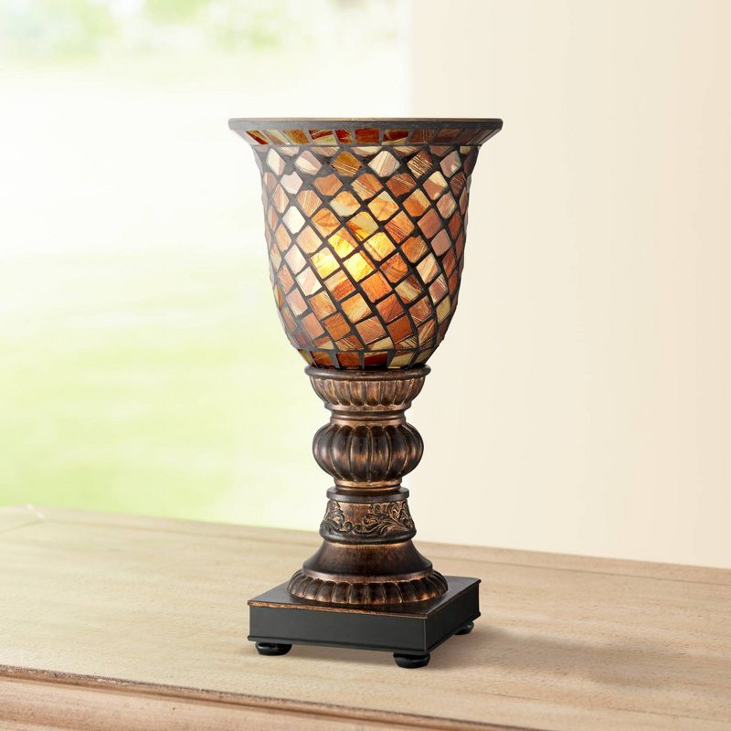 Regency Hill Traditional Uplight Accent Table Lamp 12" High Dark Bronze Amber Mosaic Glass Shade Bedroom House Bedside Nightstand
