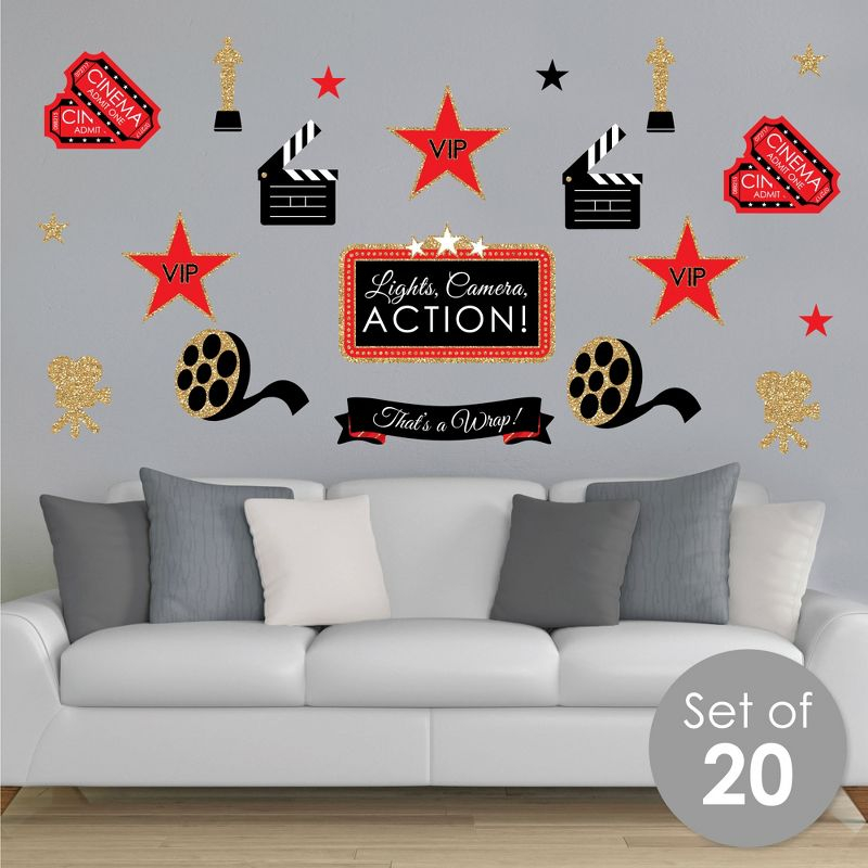 Big Dot of Happiness Red Carpet Hollywood - Peel and Stick Movie Theater Decor Vinyl Wall Art Stickers - Wall Decals - Set of 20