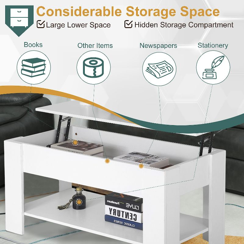 FDW Coffee Tables with Hidden Compartment and Storage Shelf Wooden Lift Tabletop Dining Table for Living Room Home (White)