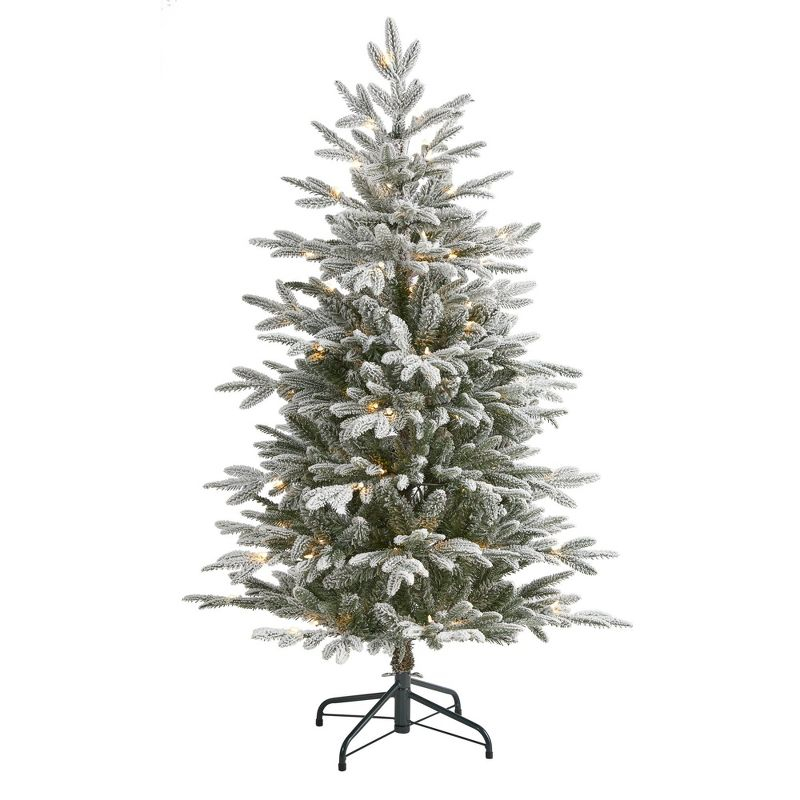 Nearly Natural 4.5-ft Flocked Manchester Spruce Artificial Christmas Tree with 100 Lights and 357 Bendable Branches