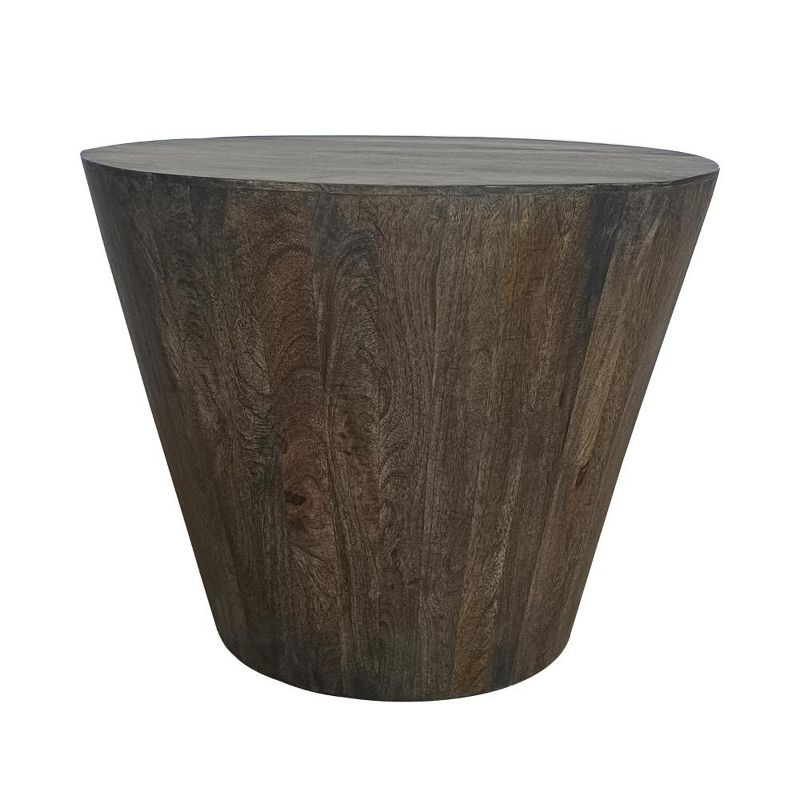 Royal Hampton 24 Inch Side End Table with Round Drum Shape, Handcrafted Mango Wood Construction, Distressed Gray