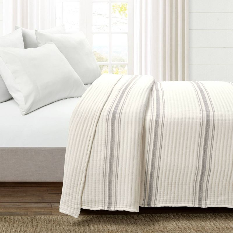 Full/Queen Farmhouse Stripe Kantha Pick Sti Thread Counth Yarn Dyed Woven Single Quilt/Coverlet Gray - Lush Décor