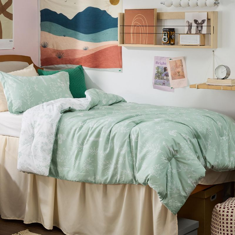2 Pcs Floral Printed Reversible Sage Green Comforter Set Twin/Twin XL Size Soft Designed Plants Pattern Bedding Set - Bedsure