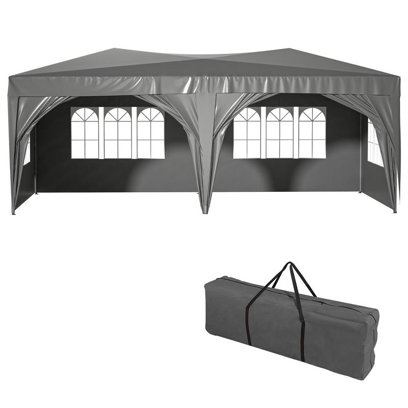 10x20in Pop Up Canopy, Canopy Tent With 6 Removable Sidewalls & Sand Bags & Pull Ropes, 12 Ground Stakes, Carry Bag, Gray