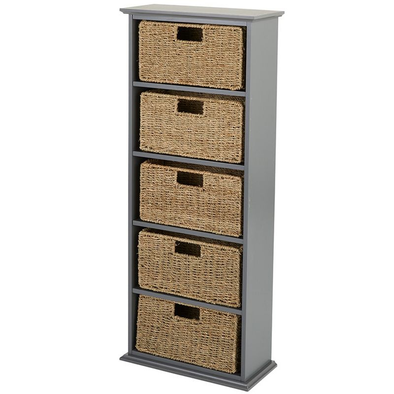 The Lakeside Collection Storage Bookcase with Set of 5 Baskets 5 Tier 15.5" W x 7"D x 38"H - Gray