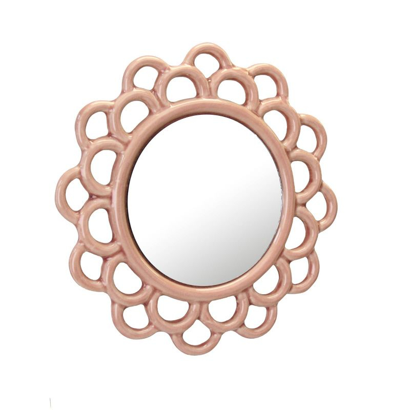 9" Decorative Round Floral Ceramic Wall Hanging Mirror Pink - Stonebriar Collection: Elegant Scalloped Edge, Keyhole Hanger