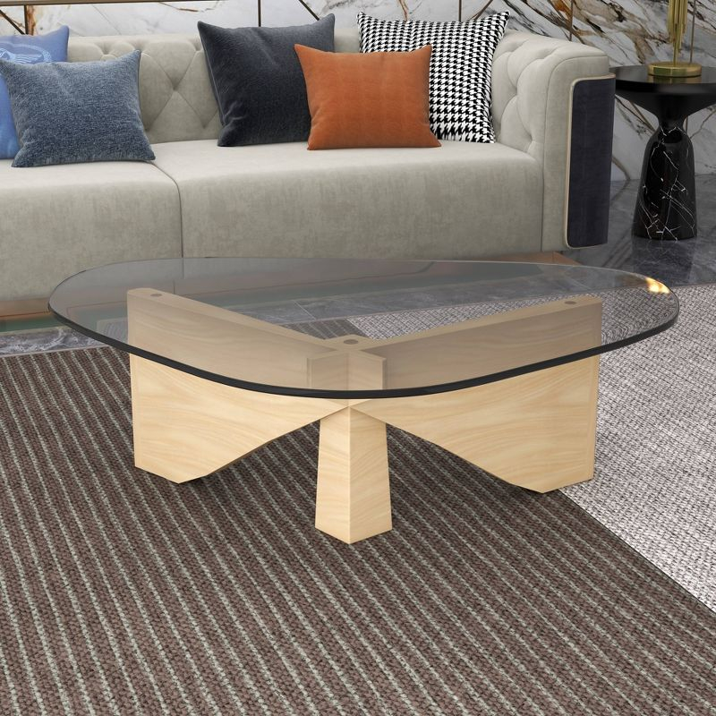 LeisureMod Imperial Collection Triangular Glass Top Coffee Table with Glossy Ash Wood Base for Home, Living Room, Office