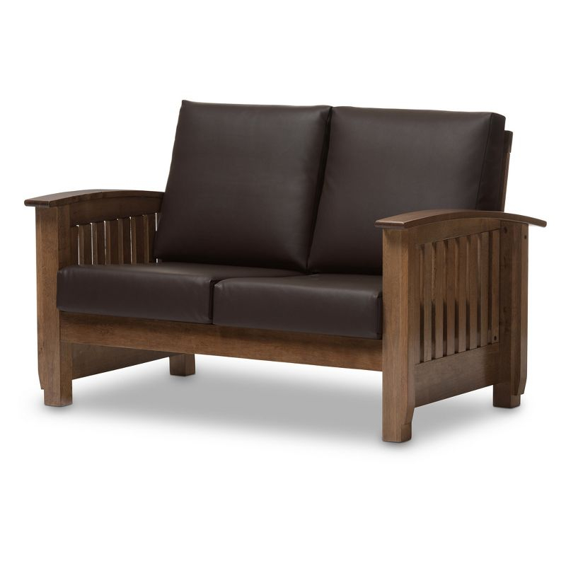 Charlotte Modern Classic Mission Style Faux Leather 2 Seater Loveseat Dark Brown/Walnut Brown - Baxton Studio