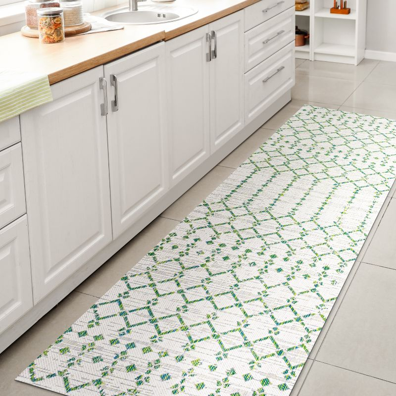 2' x 10' Ourika Moroccan Geometric Textured Weave Indoor/Outdoor Runner Rug, Green/Ivory - JONATHAN Y