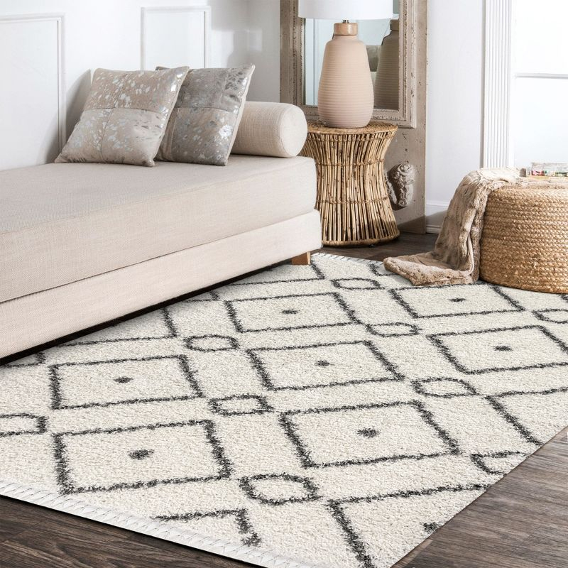 3'x5' Mercer Shag Plush Tassel Moroccan Diamond Area Rug, Cream/Grey - JONATHAN Y