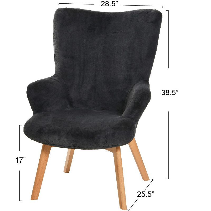 Storied Home Napster Fuzzy Plush Upholstery Wingback Arm Chair with Solid Wood Legs, Dark Grey and Natural