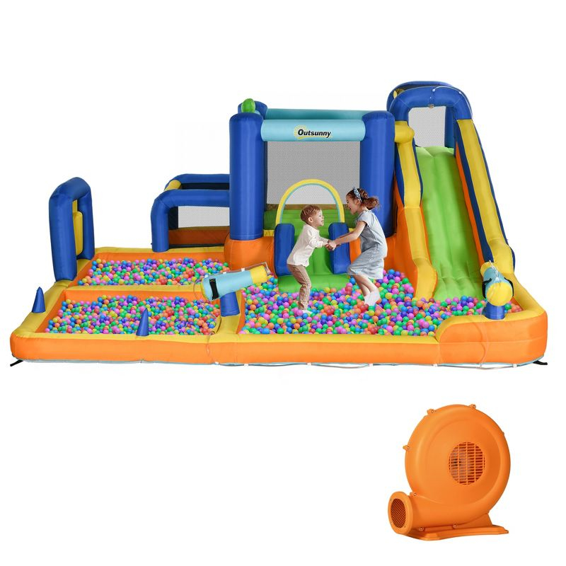 Outsunny 7 in 1 Water Slide with Slide, Pool, Climbing Wall, Water Cannon, Basketball Hoop, Boxing Post, Football Stand for 3-8 Years Old Kids