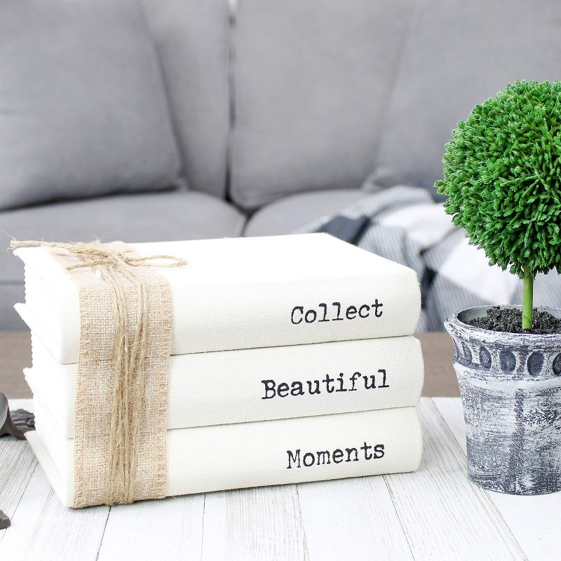 AuldHome Design Faux Book Stack: Collect Beautiful Moments Decorative Hidden Box Set w/ Burlap Ribbon Wrap