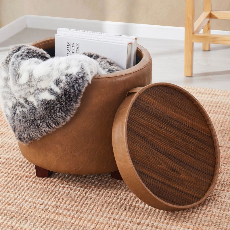 Ornavo Home Lawrence Round Faux Leather Storage Ottoman with Table Top Lid - Cognac