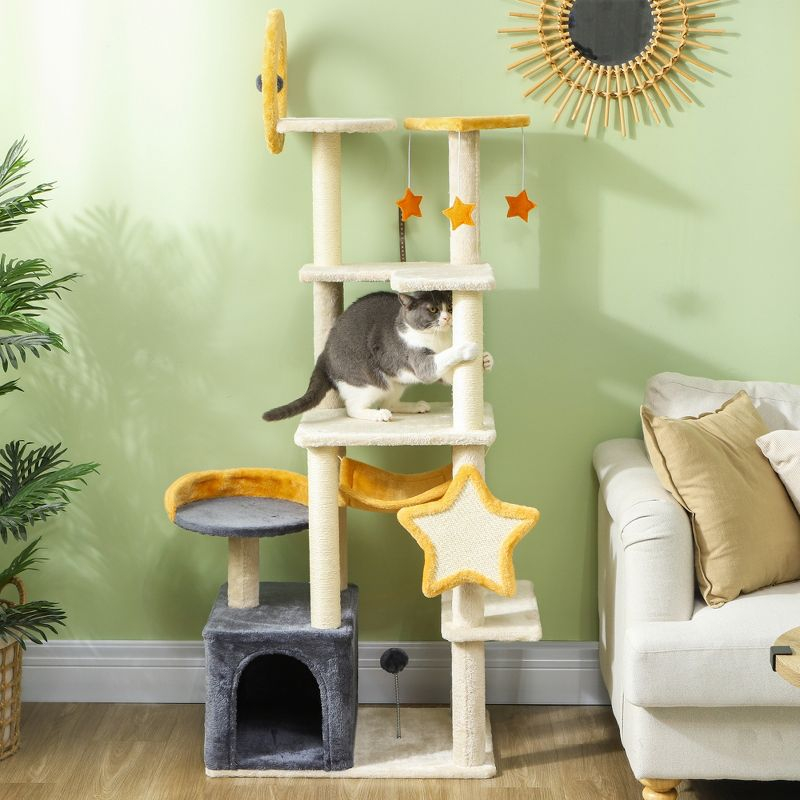 PawHut Cat Tree, 63 Inch Moon and Star Themed Cat Tower with Scratching Post, Hammock, Condo, Bed, Scratching Board & Cat Toys, Beige