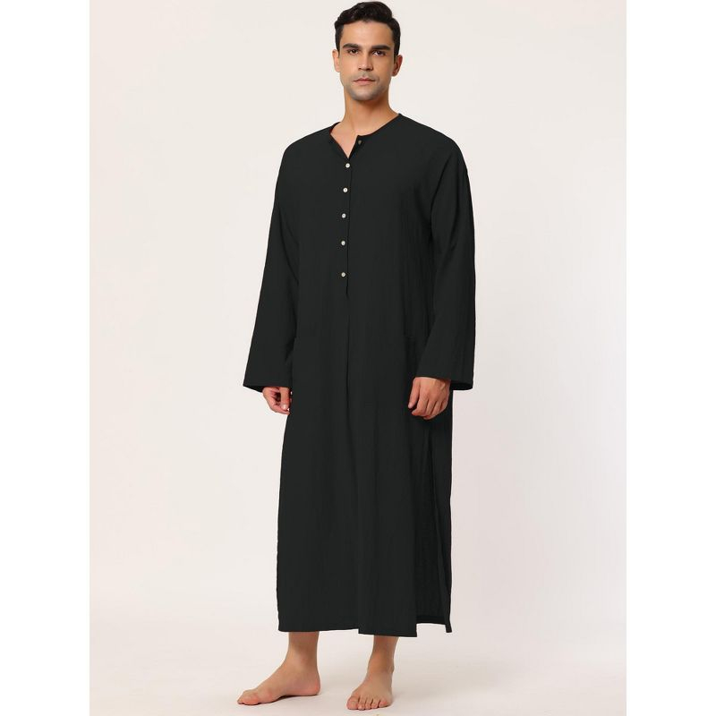 Lars Amadeus Men's Cotton Side Split Long Sleep Nightgown with Pockets Black Small