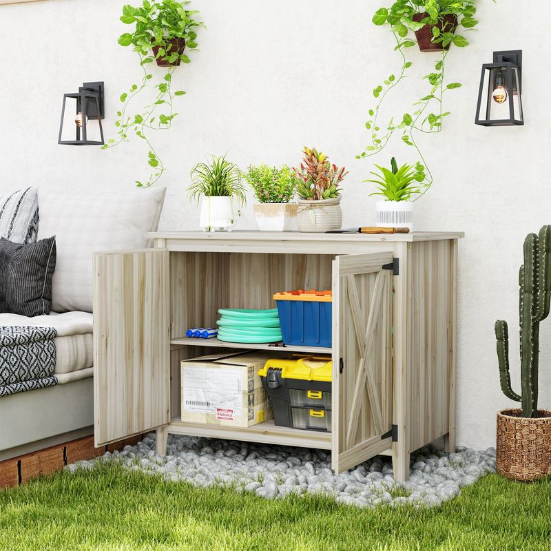 Outsunny Wood Outdoor Storage Cabinet, Compact Garden Shed Potting Shed with Shelf and Double Doors, Natural Wood