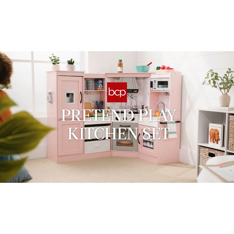 Best Choice Products Pretend Play Corner Kitchen, Interactive Wooden Kids Set w/ Lights & Sounds - Pink
