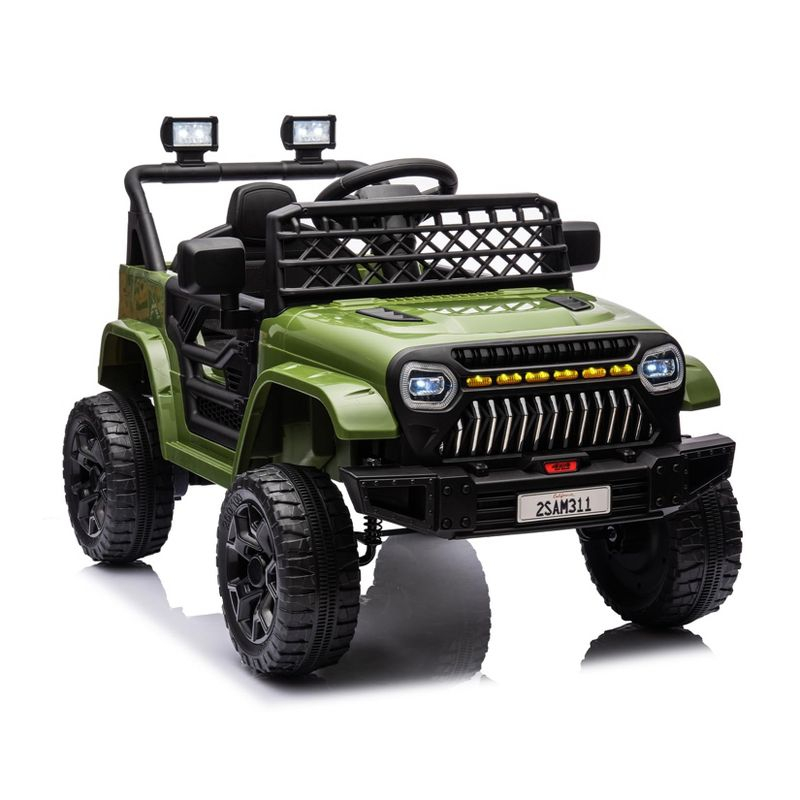 12V Ride On Car for Kids, Electric Vehicle Toddles, Battery Powered Truck Car Toy with RC, LED, Music, 4-Wheel Suspension, Army Green