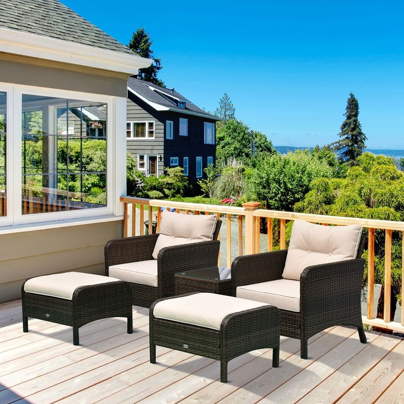 Outsunny 5 Piece Rattan Wicker Lounge Chair, Outdoor Patio Conversation Set with 2 Cushioned Chairs, 2 Ottomans & Top Coffee Table, Brown