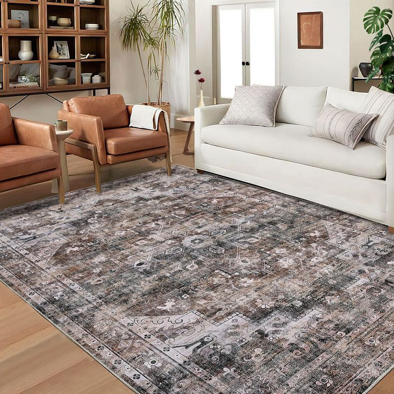 8x10 Brown Washable Area Rug Vintage Rug Medallion Print Rugs for Living Room, Bedroom, Dining Room Home Decor