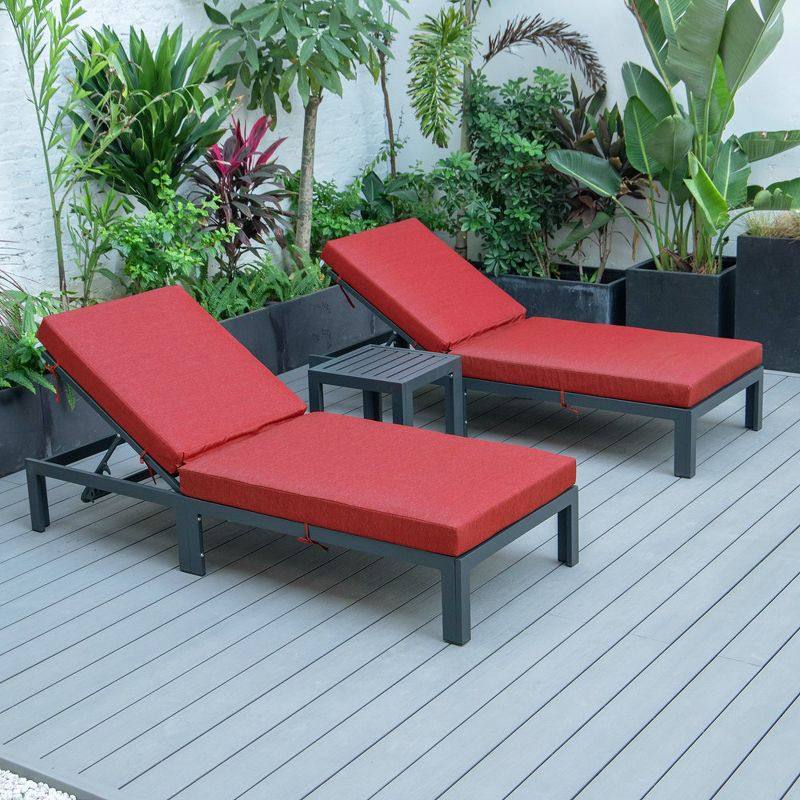 LeisureMod Chelsea Modern Outdoor Chaise Lounge Chair Set with Side Table, Black Aluminum – Set of 2 in Red