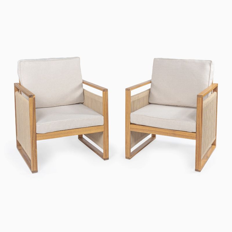 Gable Mid-Century Modern Roped Acacia Wood Outdoor Patio Chair with Cushions, Beige/Light Teak (Set of 2) - JONATHAN Y