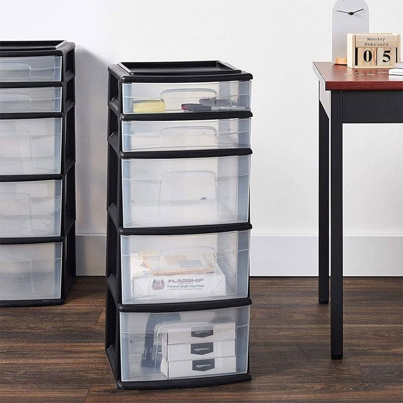 Homz Plastic 5 Clear Drawer Medium Home Closet Organizer Storage Container Tower with 3 Large Drawers and 2 Small Drawers, Black Frame