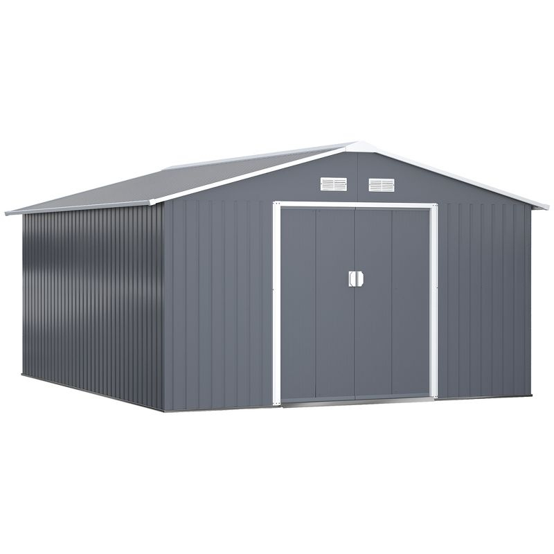 Outsunny 11' x 12.6' Metal Storage Shed Organizer, Garden Tool House with 4 Vents and 2 Sliding Doors for Backyard, Patio, Garage, Lawn, Dark Gray