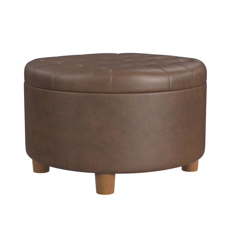 HomePop Tufted Faux Leather Round Storage Ottoman Brown: Upholstered Traditional Decor, Hardwood Frame